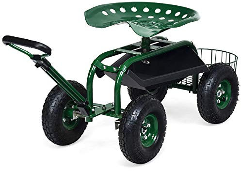 RELAX4LIFE Rollsitz mit Ablage Korb, Gartensitz mit Ausziehbarem Griff 4 Rädern, Gartenrollsitz Fahrbar & 360 ° Drehbar & Höhenverstellbar, Arbeitssitz bis 150kg Belastbar, für Gartenarbeit