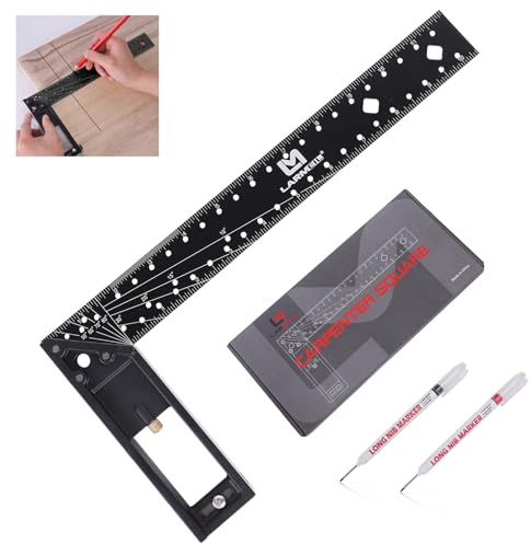 LARMEIL 12 Inch Framing Square Carpenter Square, Tri Square Tool, Try Square for Woodworking, T Square Ruler, L Square Ruler, Right Angle Ruler，Framing Tools, Anodized Ruler Body, Black & Black