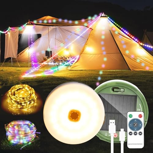 20m Solar Camping Lichterkette,Warmweiß+RGB Outdoor Campinglampe 230Leds,Außenlichterketten mit 13 Beleuchtungsmodi,Solar&USB Aufladung,Tragbare Campinglampe für Camping,Garten und Wandern