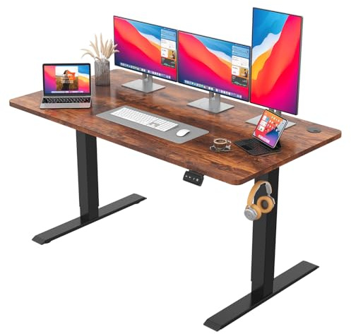 JUMMICO Scrivania regolabile in altezza 140×60 cm, telecomando a 4 tasti con funzione memoria, dotata di gancio, adatta per ufficio, studio e gaming, Marrone
