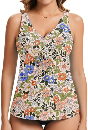 WOWENY Tankini Top da donna singolo (solo parte superiore della pancia, sexy, scollo a V, costume da bagno sportivo con coppe ad asciugatura rapida, multicolore fiori, XL