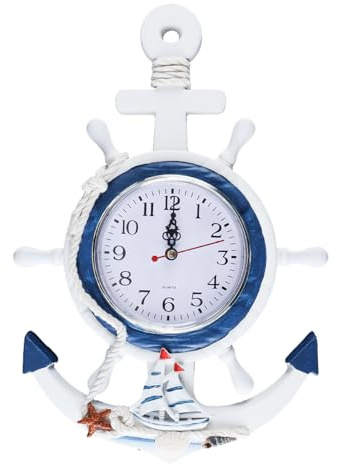 Alide Orologio con ancora in stile mediterraneo, orologi da esterno, orologio da parete con ancora nautica, volante di nave, rete da pesca, per decorazioni a tema spiaggia e mare