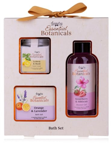 Set de baño Accentra ESSENTIAL BOTANICALS en caja de regalo, set de cuidado con gel de ducha de 100 ml, crema de manos de 55 ml y sales de baño de 50 g, set de regalo de bienestar para mujeres