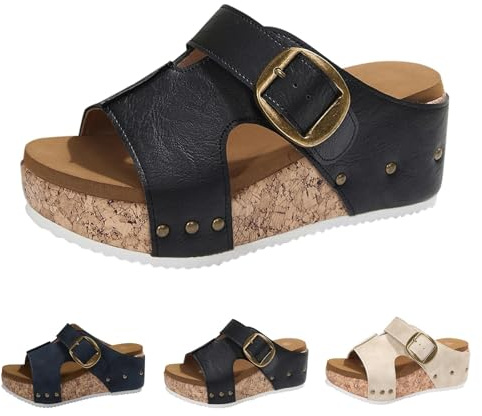 Träskor för damer, platå, sommar, trekkingsandaler, eleganta tofflor, kork, tofflor, tjocka sulor, mjuka sulor, strandsandaler, båge, stöd, promenadskor, damer, pantoletter, läder med fotbädd