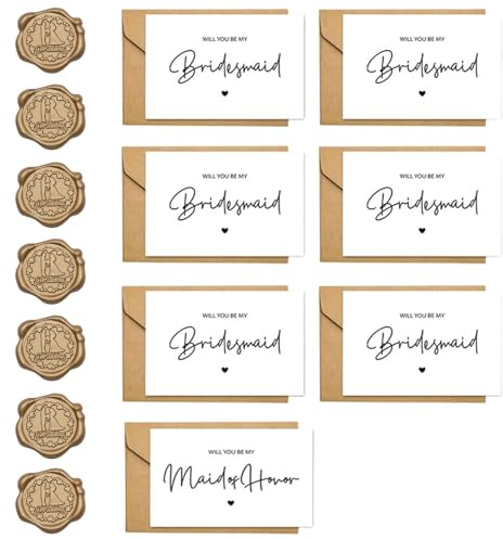 Will You Be My Bridesmaid Card Set, 6PCS Bridesmaid Proposal Cards and 1PC Bridesmaid Host Invitation Card with Envelopes and Bronze Seals, Wedding Invitation for Bridesmaid Selection