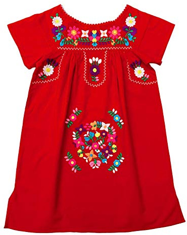 unik Vestido tradicional mexicano bordado de algodón cultural, talla 2 a 14, azul marino, blanco, rosa, menta, coral