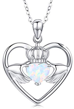 CHENGHONG Collier Claddagh en argent sterling 925 avec pendentif opale pour femme, bijou d'amour, fiançailles, cadeau de mariage pour filles, maman, épouse