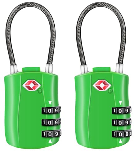 Diyife TSA Approved Luggage Locks with Flexible Steel Cable, Easy to Set up | 3-Digit Combination Suitcase Locks, Small Padlocks with Code for Travel, Bag, Backpack, Zinc Alloy Body (Green, 2 Pack)
