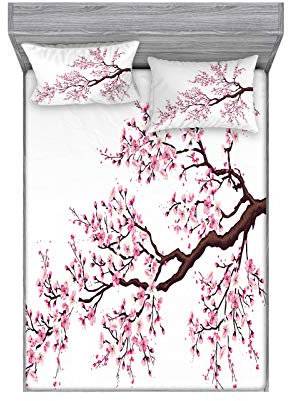 ABAKUHAUS japanisch Buntes Spannbetttuch- und Kissen-Set, Sakura Zweig Blüten, Dekoratives und Bedrucktes 3-teiliges Bettwäscheset, 150 cm x 200 cm, Rosa Dunkelbraun