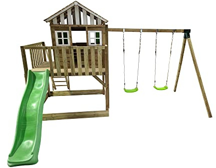 MASGAMES | Parque Infantil Lollipop con Columpio | Casita elevada con tobogán | Escalera de fácil Acceso | Pared de Escalada | Madera tratada para Exterior | Columpio de Dos plazas | (XL)
