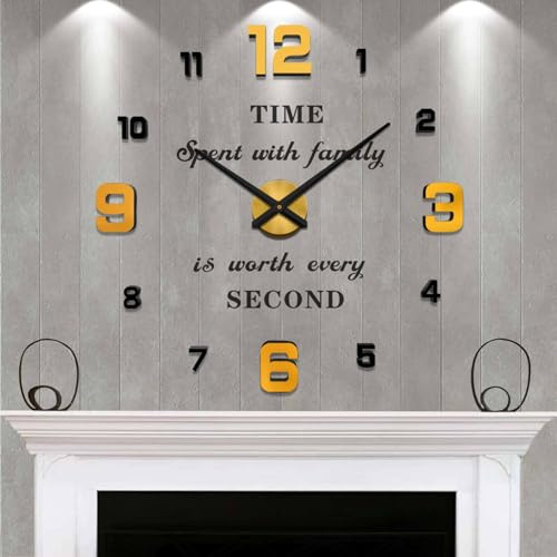 Vangold Pendule Murale 3D Géante au Design Moderne Horloge Murale pour La Chambre Cuisine Bureau Hôtel Cadeau (Noir Or-22)