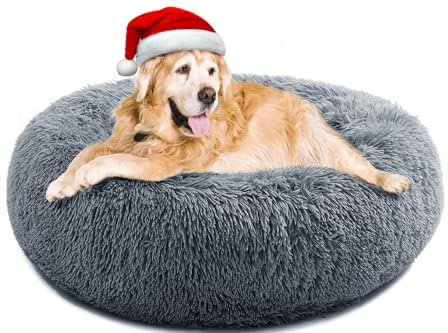 YOJOGEE Calming Donut Dog Bed for Large Medium Dogs, Fluffy Anti Anxiety XXl Dog Beds Extra Large Washable Puppy Bed Non-Slip Plush Cuddler Warming Round Faux Fur Pet Bed