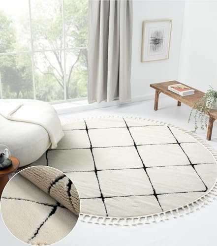 MY-RUG Teppich Vilma Rautenmuster, rund, weiß, 240 x 240 cm - Hochwertiger runder Schlafzimmerteppich mit Rautenmuster, eingefasste Kante, weiche Oberfläche