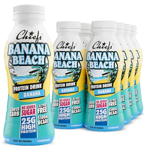 Chiefs® Milk Protein Drink con 25g di proteine e BCAA • Shake ad alto contenuto proteico a basso contenuto di carboidrati • Senza lattosio e senza zuccheri aggiunti • 8 x 330ml (Banana Beach)