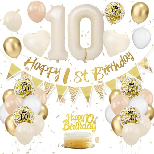 VUCDXOP 10-års födelsedagsdekorationer sandvitt guld, 10-årsdag dekorationer för flickor, med Happy 10-års födelsedagen-banderoll, tårtdekorationer med nummer 10, ballonger för flickor
