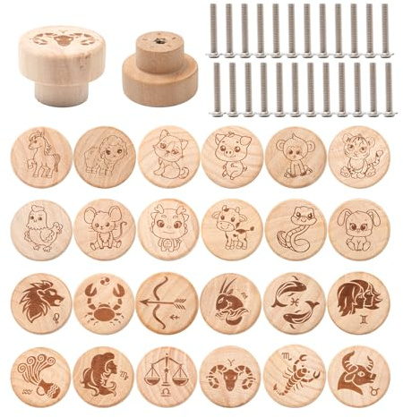 Rebanky 24 Pièces Boutons de Meuble en Bois Boutons de Tiroir de Commode Animaux Bouton de Tiroir Enfant Bois Bouton de Tiroir à Visser Animaux pour Armoires pour Penderie, Tiroirs, Salon