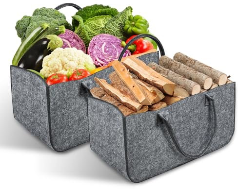 Borsa in Feltro per Legna da Ardere，XL Cesto Portalegna da Interno con Manici，Cestino In Legno Di Feltro，Pieghevole Cesta Camino per Caminetto Shopper Giornali Vestiti Giocattoli，Grigio,2 Pezzi