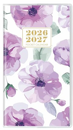 Calendrier de poche 2025-2026, planificateur mensuel de sac à main – 17 x 9,4 cm – De janvier 2025 à décembre 2026, calendrier de poche floral avec couverture en PVC pour la planification,