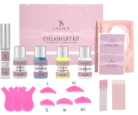 Ysen's Kit de lifting de cils avec colle, solution de perming, neutralisant, après-collagène, dissolvant de colle, outil de nettoyage, tampons de lifting et tampons en silicone en L, S, M, M1 et M2