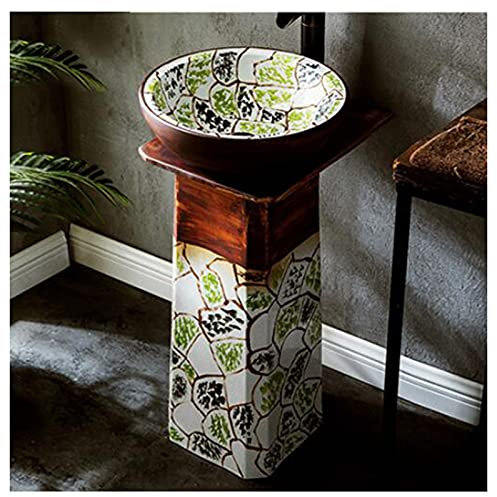 GLJTUO Pedestal Sink Handcrafted Ceramic Bathroom Sink Retro Style Wash Basin Modern freestanding Bathroom Basin with Full Pedestal with Easy to Clean (A Large)