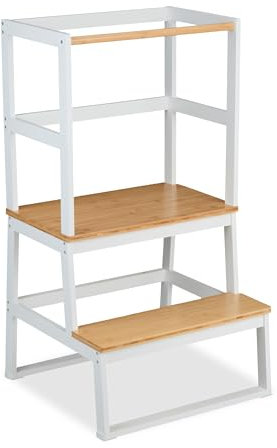 Relaxdays Lernturm ab 1 Jahr, 2 Stufen, Kippschutz, HxBxT: 93 x 50 x 48,5 cm, Kleinkinder Stehhilfe, Bambus, weiß-Natur