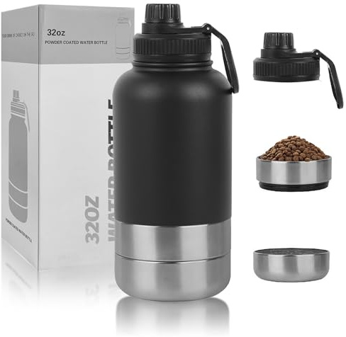 32oz 3 in 1 Hundetrinkflasche für unterwegs, 304 Edelstahl Trinkflasche Hunde für unterwegs mit Fressnapf & Wassernapf, Isolierflasche für Mensch und Hund, Perfekt für Outdoor, Wandern und Reisen