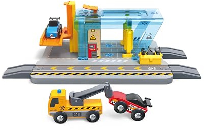 Hape Reparatur- und Waschstation - Werkstatt und Autowaschanlage Spielzeug für Kinder, Hebebühne, Abschleppwagen, Fahrzeuge, Eisenbahnzubehör, Rollenspiel für Kinder ab 3 Jahren