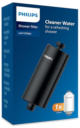 Philips Water in-Line Shower Filter, 50 000 L Filtration Capacity, Black, Reduces Chlorine by up to 99%, Easy to Install, fits All Standard Hoses and taps