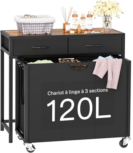 FIONESO Wäschekorb 3 Fächer, 120 L Wäschesammler mit 2 Schubladen, Wäschekorb mit Rollen & Zweifarbige obere Platte, Wäschewagen für Waschraum, Badezimmer, Eingangsbereich - ENZYL008H