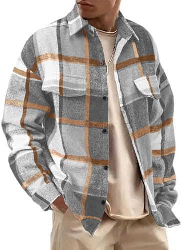 WINKEEY Camicia Flanella Uomo Camicia a Quadri a Maniche Lunghe Eleganti Camicie Button Down Autunno Inverno,Grigio Chiaro S