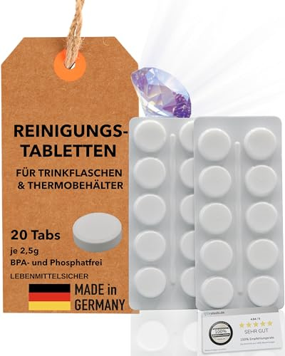 Reinigungstabletten für Trinkflaschen, optimierte Formel, biologisch abbaubar, MADE IN GERMANY seit 1965 – Edelstahl, Glas, Kunststoff – Hygienische Sauberkeit & Frische - 20Tabs im Blister