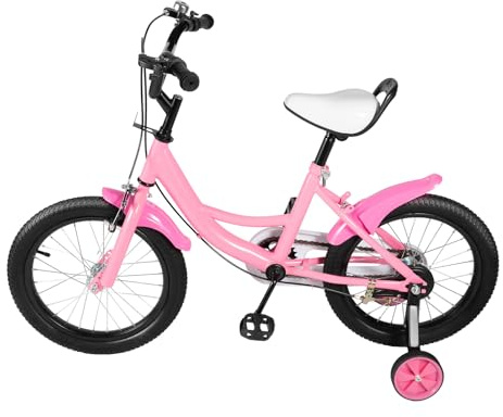 KKVUIIFF – 16 tums barncykel, barncykel med stödhjul och stänkskärmar, cykel för flickor pojkar 1,05–1,2 m, upp till lastkapacitet 60 kg (rosa)