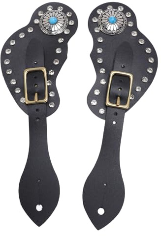 Riuulity Rejäla Sporrremmar i Konstläder, Unik Strassdesign, Justerbar Längd, Sporrrem i Läder, Cowboy Estetisk, Hästspårhållare med Konstläder, för Cowboys (BLACK)