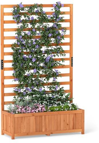 COSTWAY Blumenkasten mit Rankgitter, Pflanzkasten für Kletterpflanzen, Hochbeet mit Spalier, Liner & Entwässerung, Blumenkübel für Garten Balkon, Gartenspalier Rankkasten Holz, 90x35x150cm (Orange)