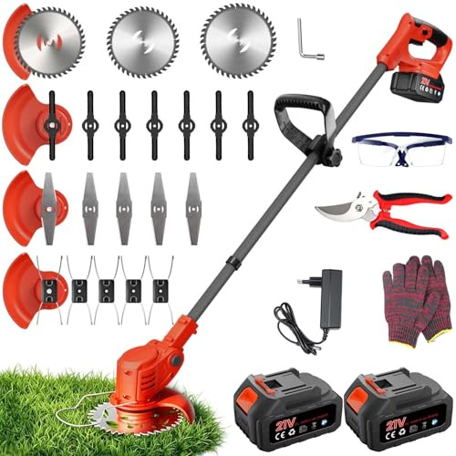 Desbrozadora a Bateria, Cortabordes Electrico 4 en 1, 850W 2 Baterías 4000 mAh, 4 Tipos de Cuchillas con Cabezal Giratorio de 90° para Recortar Fácilmente Rápido Césped y Arbustos