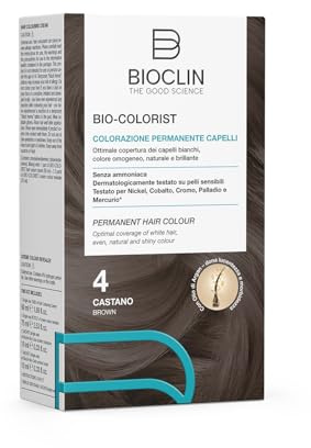 BIOCLIN Bio-Colorist Colorazione Permanente Capelli Castano 4 – Senza Ammoniaca e Dermatologicamente Testato - con Olio di Argan – Copertura Ottimale Capelli Bianchi – Colore Naturale e brillante