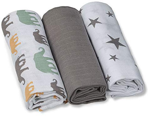 GRÜNSPECHT Mullwindeln 70x70cm aus 100 % Baumwolle, Spucktücher, ohne optische Aufheller, hautfreundlich & saugstark, 3 Stück, grau, Sterne, Elefanten (1500-V5)