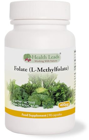 Folate (L-Methylfolate) 400μg x 90 Capsules - 5-MTHF Active Form of Folic Acid/Vitamin B9 - Supports Normal Maternal Tissue Growth During Pregnancy - PRENATAL- Magnesium Stearate Free - Made in Wales