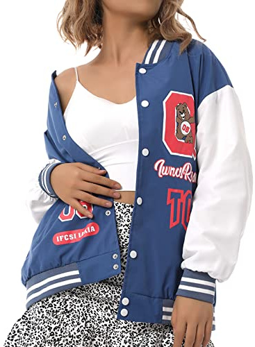 Loalirando Giacca da Donna College Giacca da Baseball Uniform Monopetto Letter Ricamo Bomber per Ragazze S-XXL Cappotto Oversize Primavera e Autunno (Blu, M)