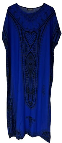 Kiran Fashion Vestido largo de caftán de algodón para mujer, para verano, dashiki, africano, talla única, azul, talla única