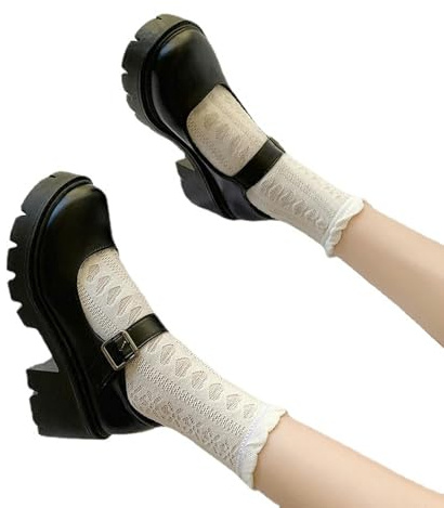 Lolita - Zapatos de tacón alto color negro con punta redonda Mary Jane para mujer