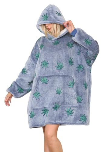 Unisex Adult Oversized Hug & Snug Blanket Hoodie Sherpa Fleece Lined Soft Wearable Blankets UK Stock (Grey Weed Leaf, One Size)