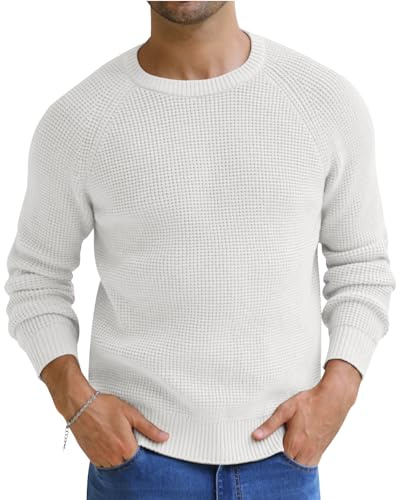 NITAGUT Herrtröjor klassisk rund hals våffelmönstrad stickade tröjor vinter varm långärmad pullover med ribbad kant, Vitt, XXL