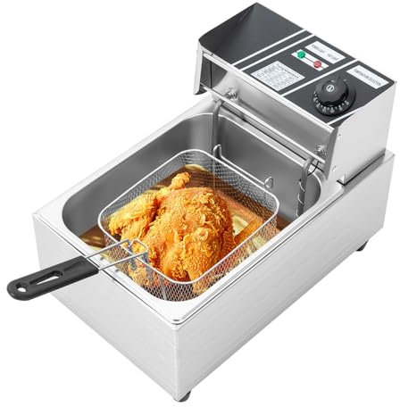 Freidora eléctrica comercial, acero inoxidable, freidora de tanque único, 2500 W, temperatura ajustable y cesta de aceite extraíble para restaurantes familiares