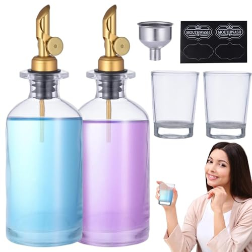 Munvatten dispenserflaska, munvatten flaska för bad, klar glasflaska med munvatten pump, påfyllningsbar vätskebehållare för oljelotion, dispenser d