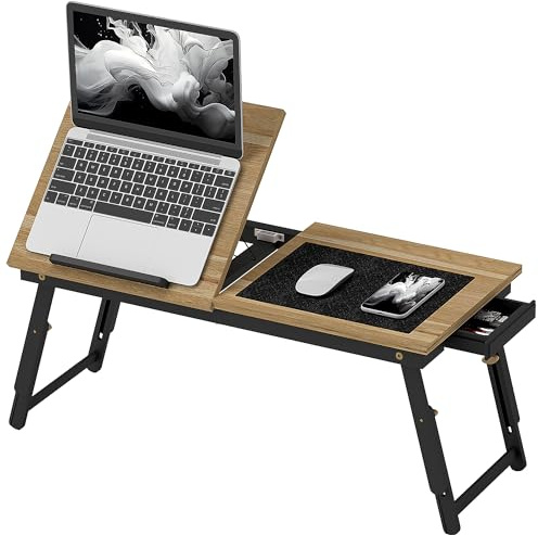 HOMCOM Table de lit Pliable et réglable, Plateau pour Ordinateur Portable avec Plateau inclinable, tiroir, Bureau de lit en Bambou, 83,5l x 33P x 23,5-34H cm, chêne