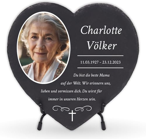 LAUBLUST Personalisierte Grabplatte als Grabschmuck für Menschen mit Wunschtext | Schieferplatte mit Gravur als Grabstein Deko & Grabtafel in Herzform - Kreuz, 3 Größen | Grabsteine mit Name & Foto