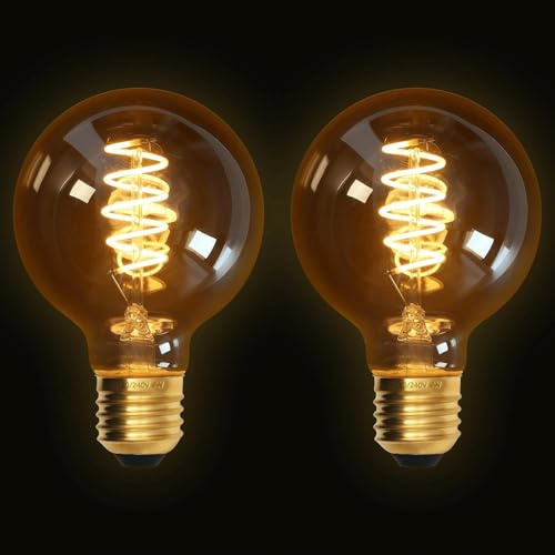 Terafeels 2 Pack E27 Vintage LED Light Bulbs, G80, 4W, Spiral Filament, 2200K Warm Yellow Glow, Amber Glass, Edison Screw in Light Bulb Non-Dimmable