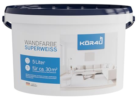 kör4u Peinture murale super blanche 5 litres – Peinture intérieure mate blanche, haut pouvoir couvrant, sans solvant, certifiée TÜV, faible éclaboussures, pour murs et plafonds
