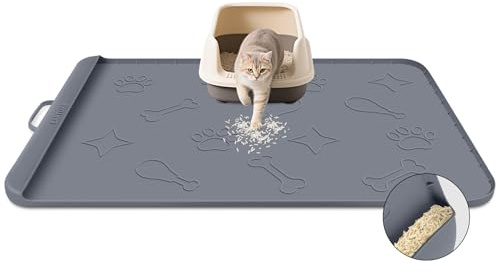 Bartuke Tappetino per lettiera per gatti in silicone, con tasca di raccolta, grande, 106 x 71 cm, impermeabile, antiscivolo, con bordo e manico, tovaglietta per animali domestici per pavimenti